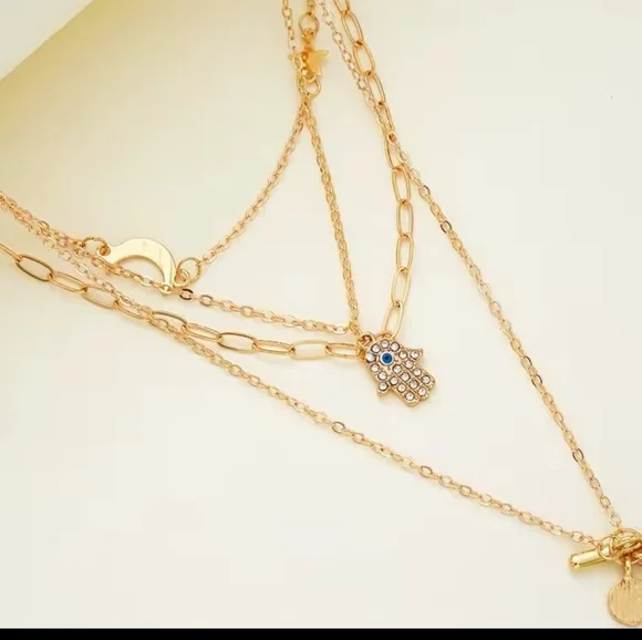 Necklace Women's Gold Layered Moon Stars New f51 - Picture 2 of 3